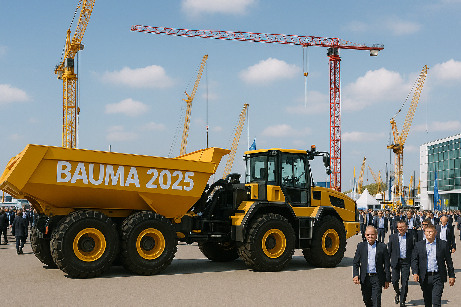 Große Menschenmenge auf der bauma 2025 vor der Messehalle München, umgeben von gelben Liebherr-Kränen und einem auffälligen grünen SENNEBOGEN-Materialumschlaggerät.